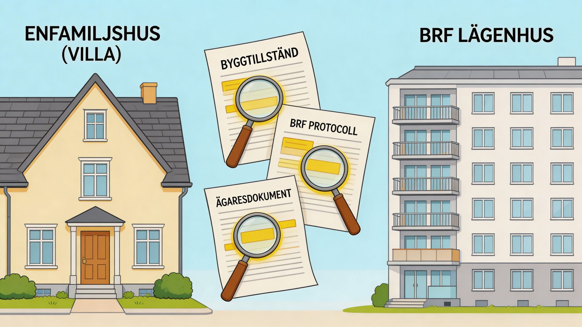 Illustration som visar skillnaden mellan dokumentation för villa och lägenhet vid renovering i Sverige.