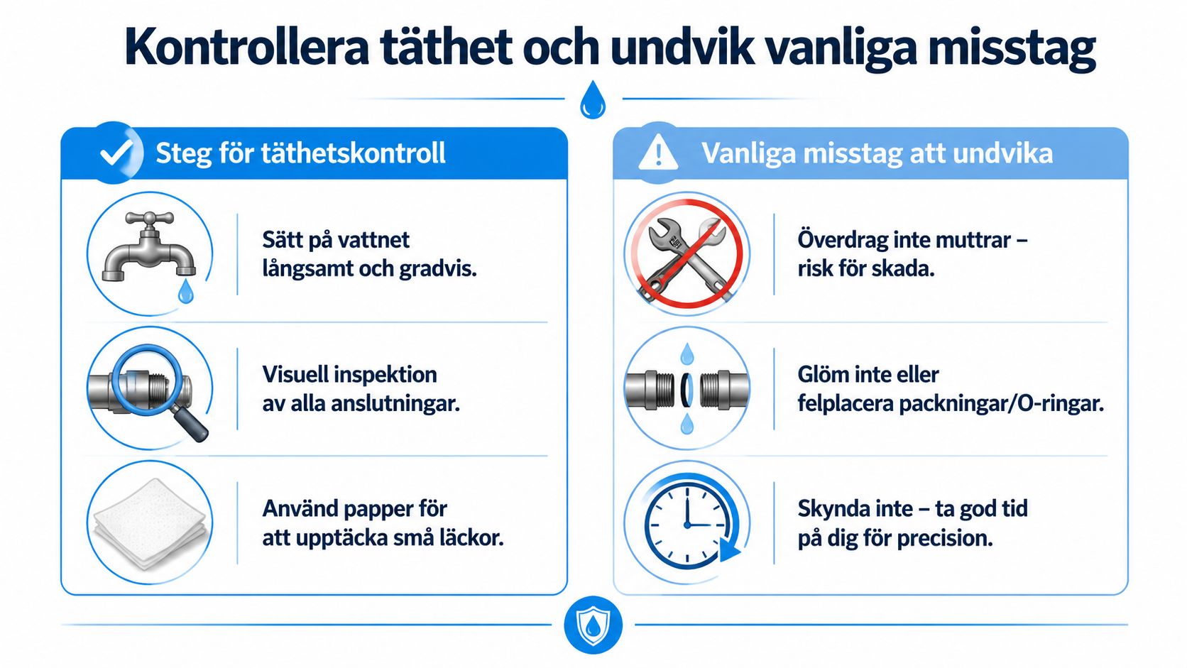 En instruktionsbild på svenska för hur man kontrollerar tätheten i röranslutningar och undviker vanliga installationsfel.