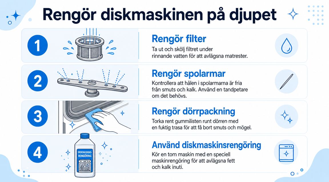 En instruktionsbild i fyra steg som visar hur man rengör diskmaskinen på djupet för optimal funktion.