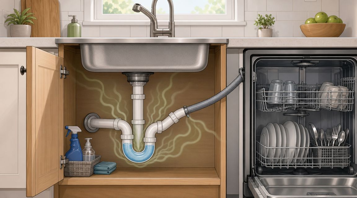 Illustration av ett diskbänksskåp där rörsystemet visar tecken på dålig lukt och ett avloppsproblem.