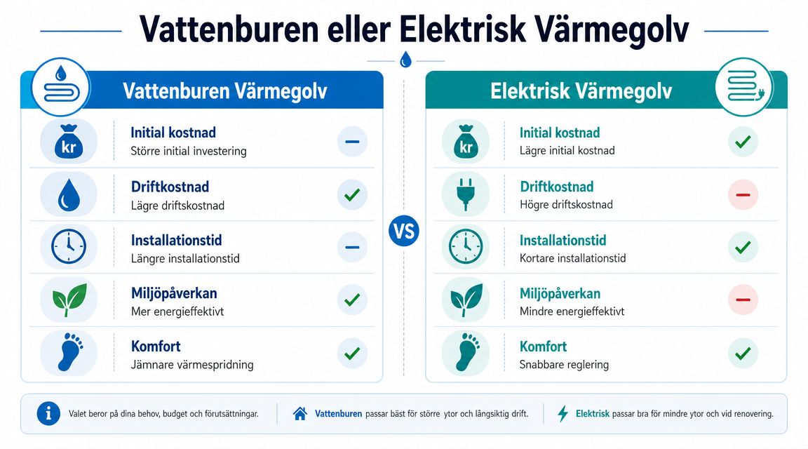Jämförelse mellan vattenburen och elektrisk värmegolv baserat på kostnad, installationstid, miljöpåverkan och komfort för hemmet.