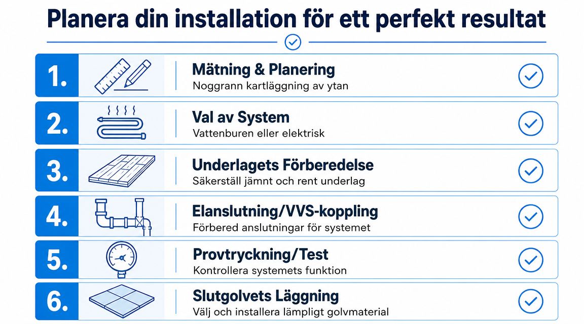En checklista med sex steg för installation av värmegolv för ett perfekt och hållbart resultat hemma.