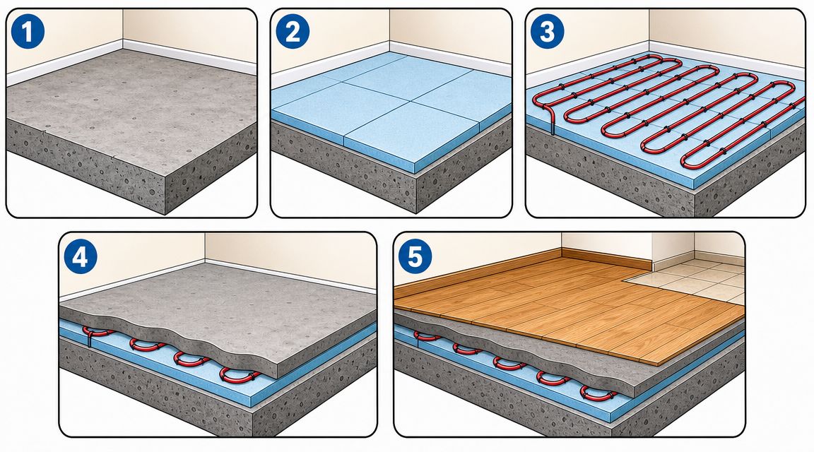 Illustration som visar fem steg för installation av vattenburet värmegolv i ett rum med betonggrund.