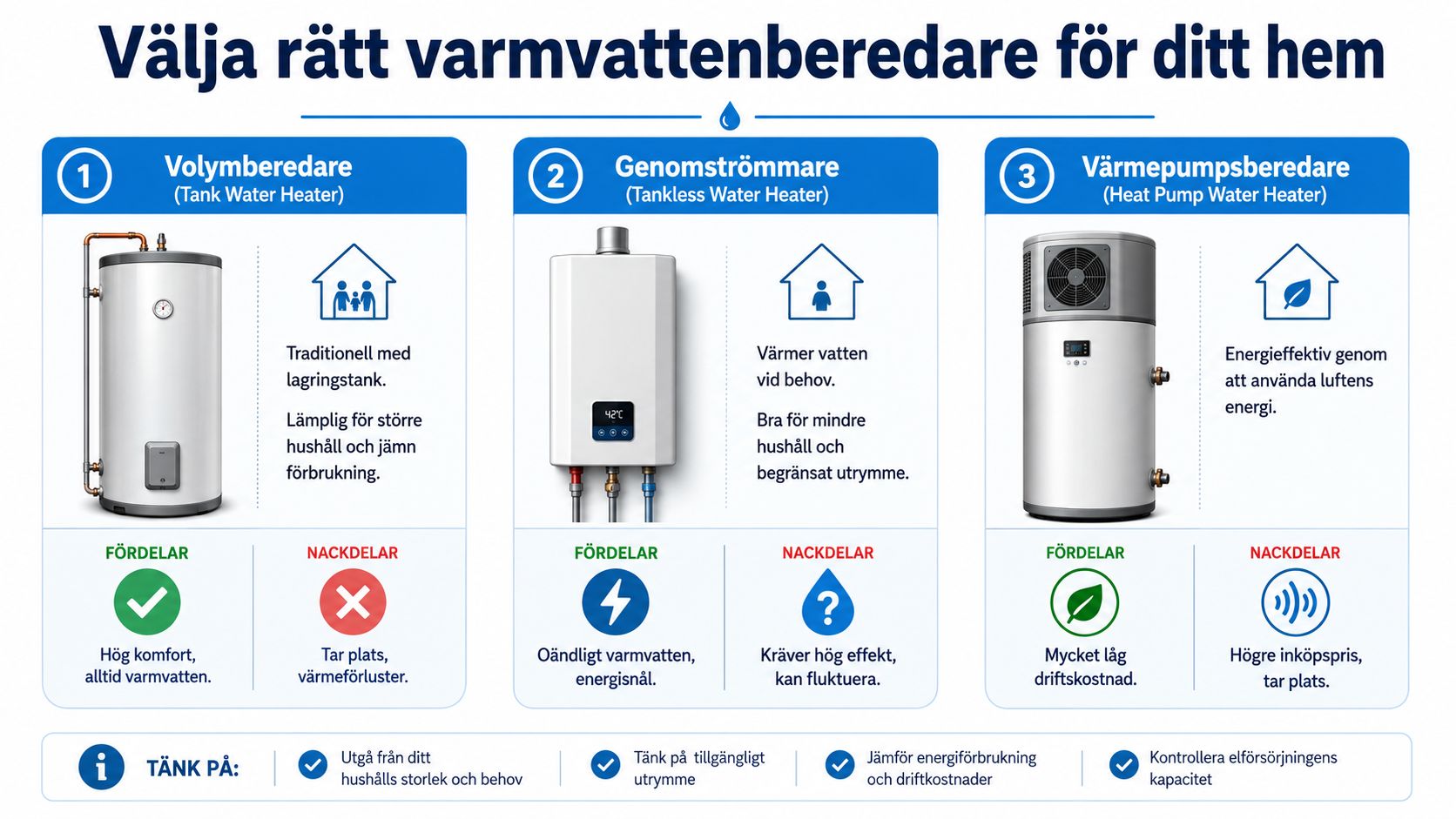 Infografik som jämför olika typer av varmvattenberedare: volymberedare, genomströmmare och värmepumpsberedare för att hjälpa dig välja rätt.