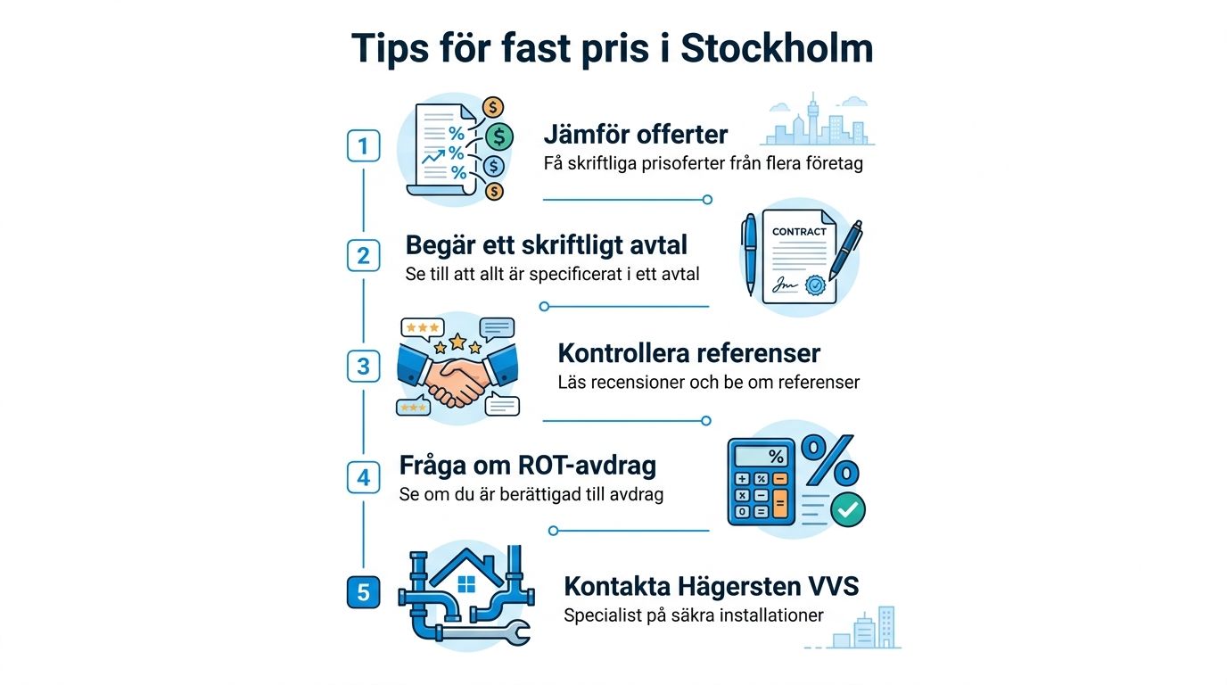 En infografik som visar fem tips för att få fast pris på VVS-tjänster i Stockholm.