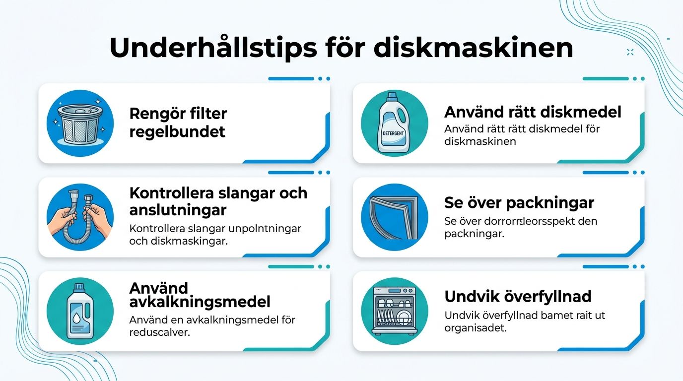 En infografik med sex användbara tips för att underhålla och sköta om din diskmaskin på rätt sätt.