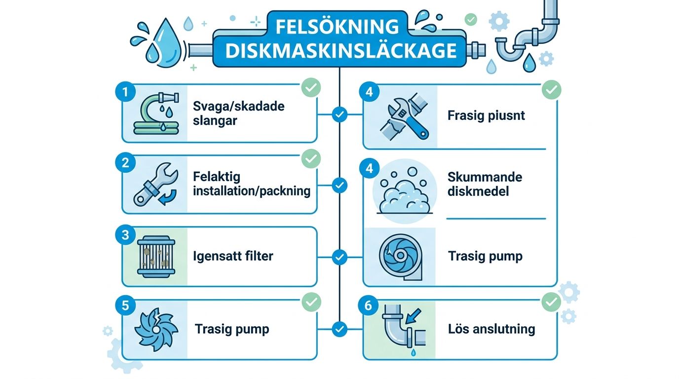 En infografik som visar vanliga orsaker till vattenläckage i en diskmaskin och hur man felsöker dessa problem.