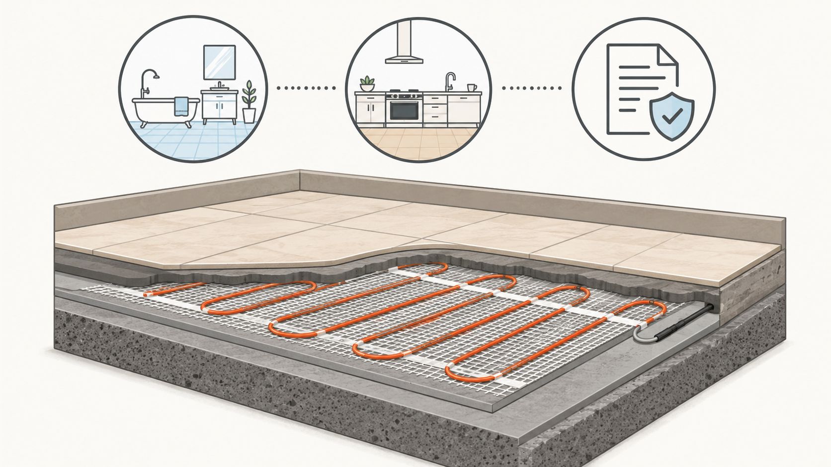 Illustration av installation av elektrisk golvvärme under klinkergolv i badrum och kök för effektiv uppvärmning.
