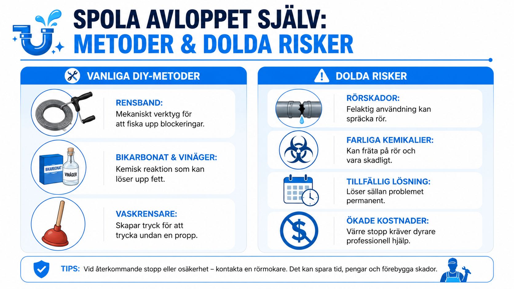 En infografik som visar metoder för att rensa avlopp själv samt de dolda riskerna vid felaktig hantering.