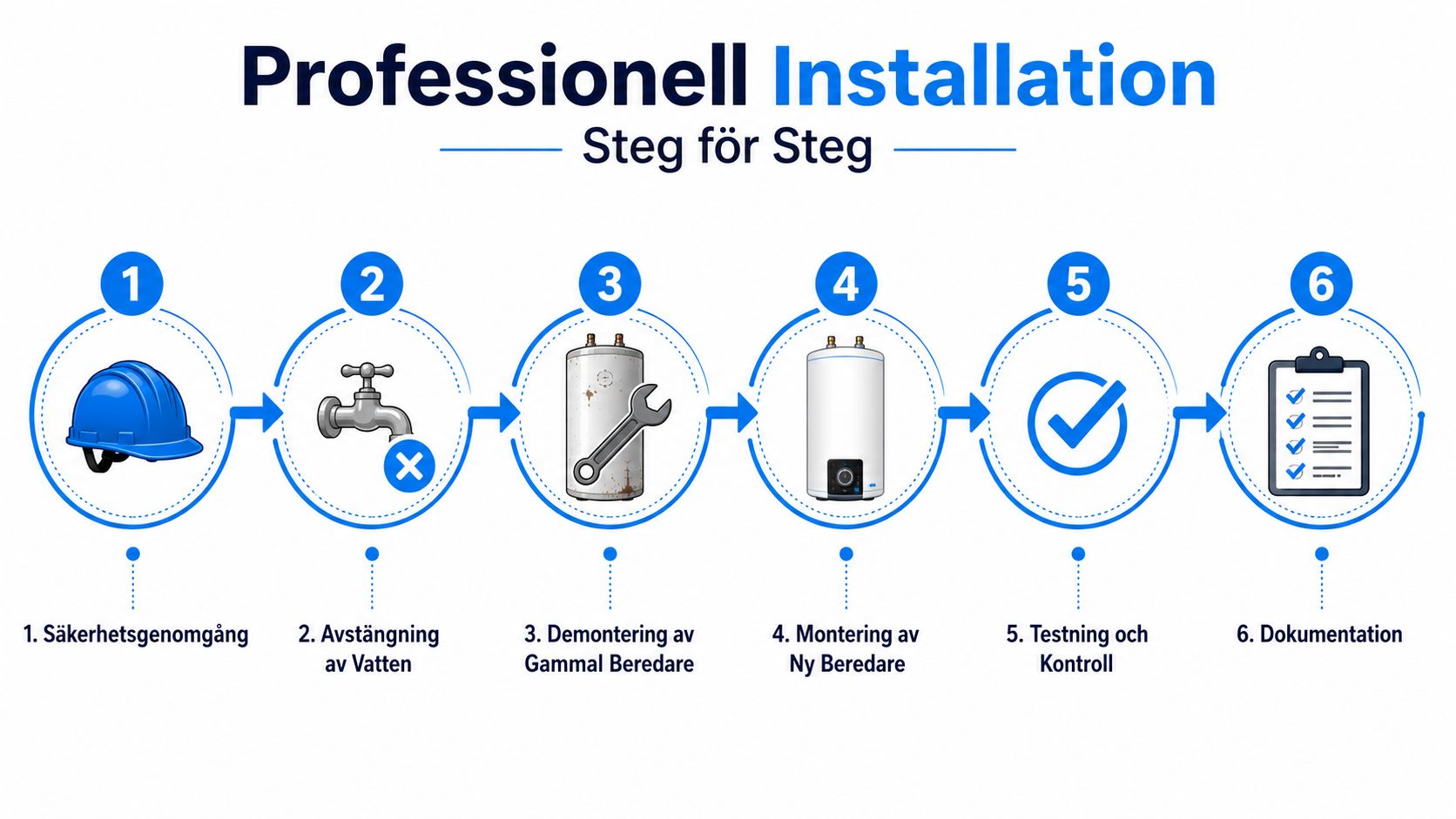 En infografik som visar sex steg för en professionell installation av en varmvattenberedare i hemmet.