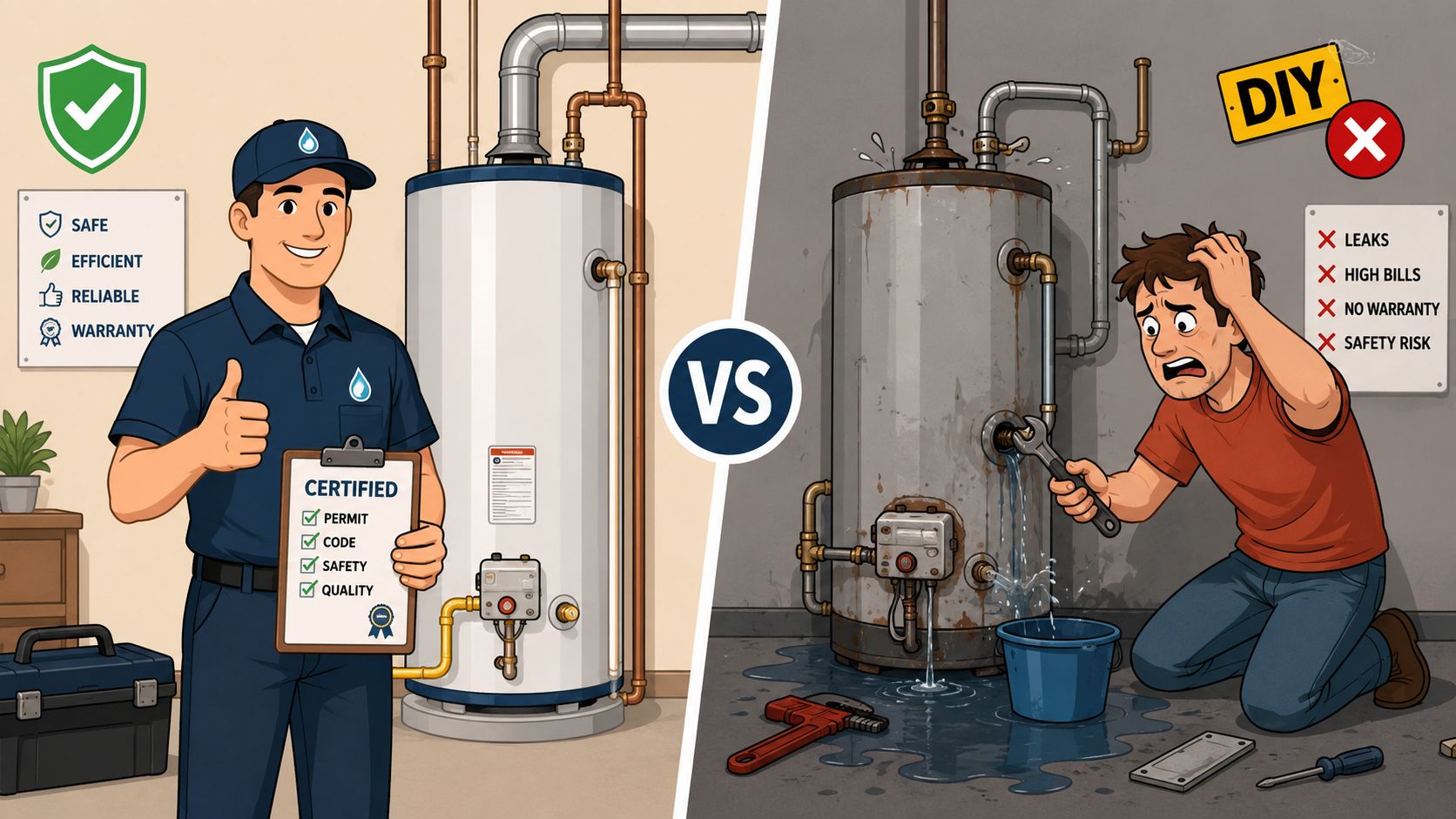 Illustration som jämför professionell installation av varmvattenberedare med riskerna vid hemmapulande och gör-det-själv-reparationer i hemmet.