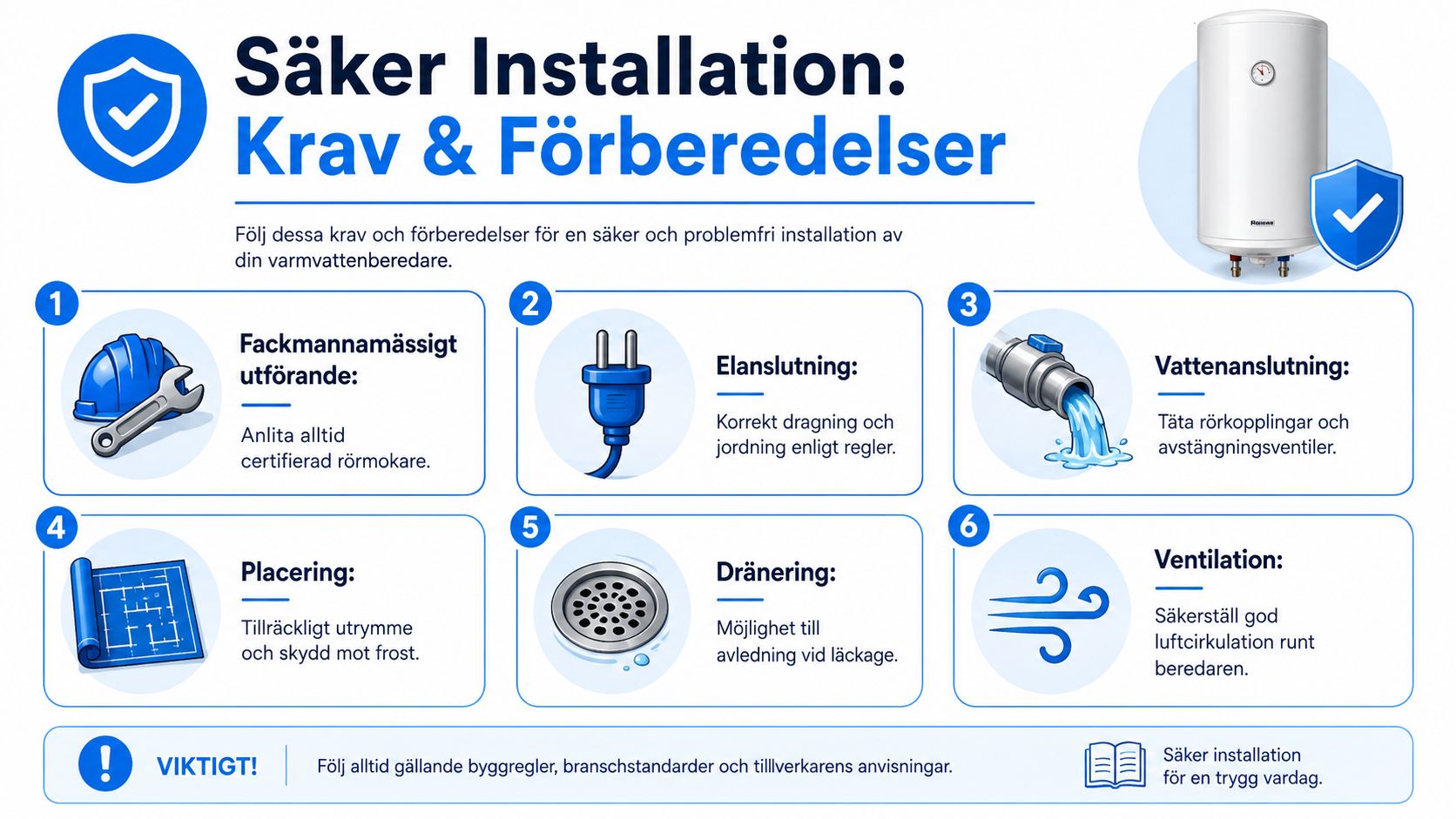 En grafisk guide som visar sex viktiga krav och förberedelser för säker installation av en varmvattenberedare.