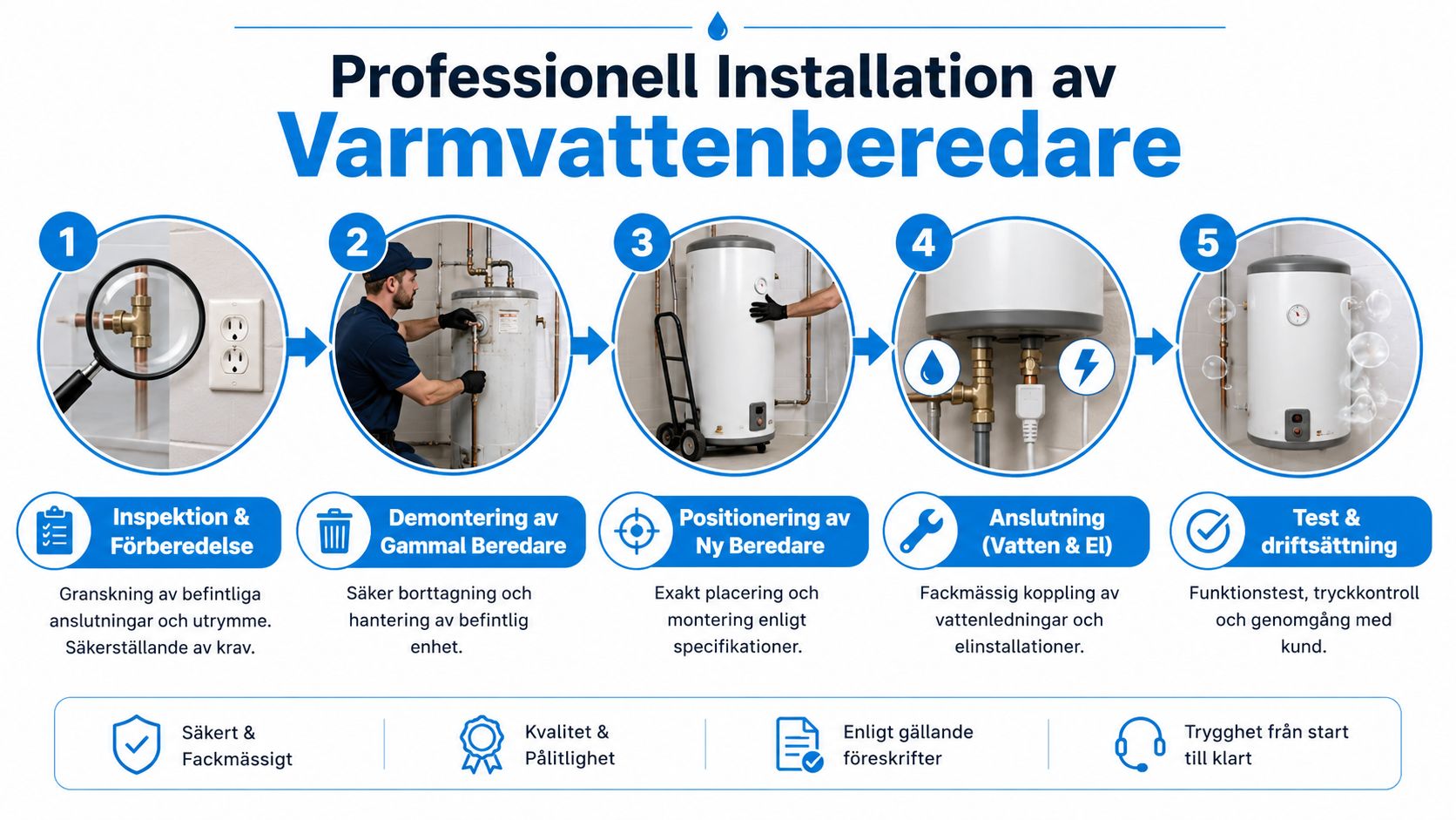 En femstegsguide för professionell installation av varmvattenberedare, från inspektion och demontering till test och driftsättning.