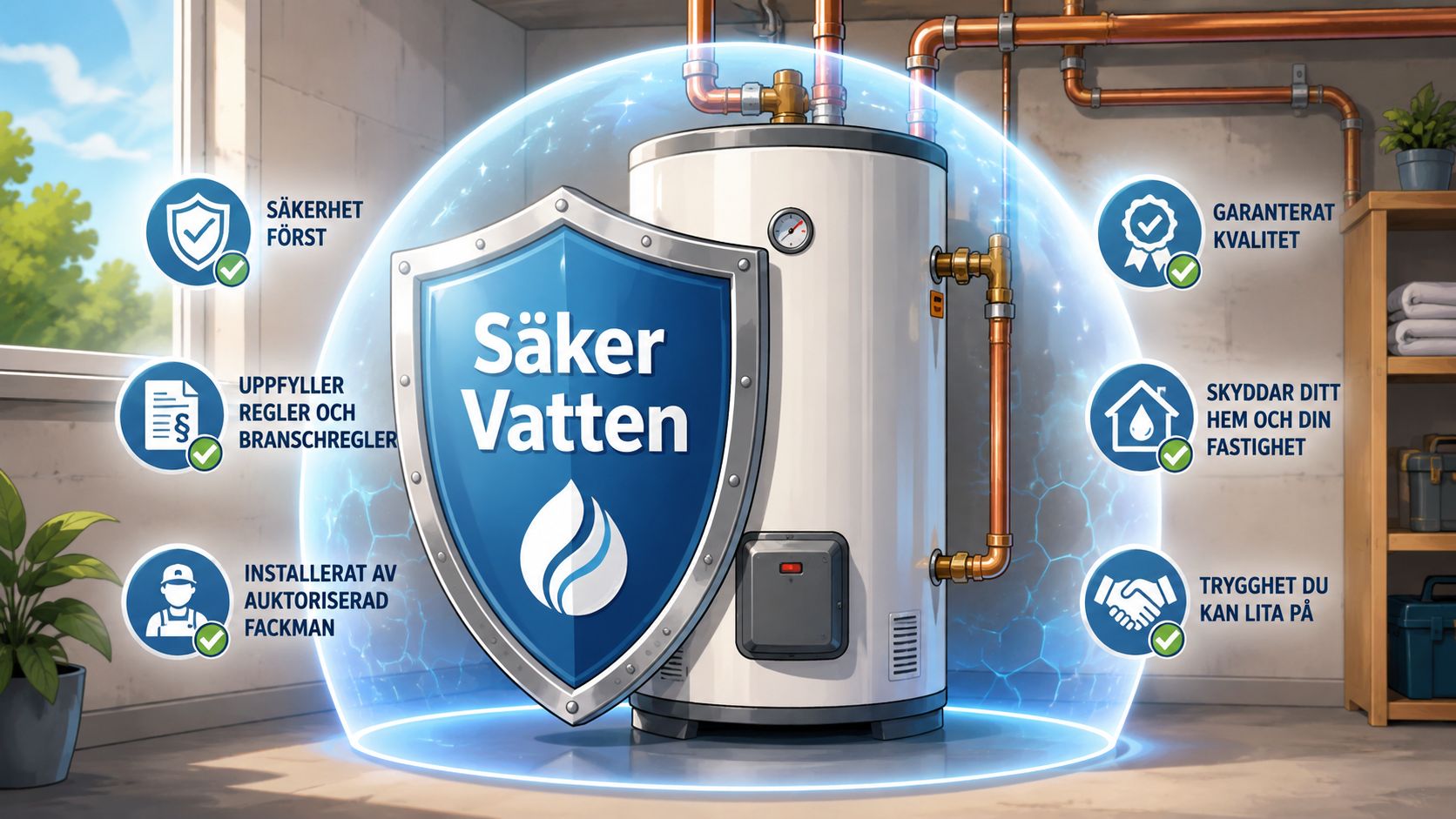 Illustration av en säker varmvattenberedare skyddad av en sköld med logotypen Säker Vatten och informativa fördelar.