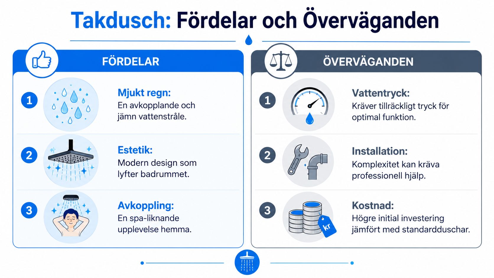 En infografik som visar fördelar och överväganden vid val av en modern takdusch för badrummet.