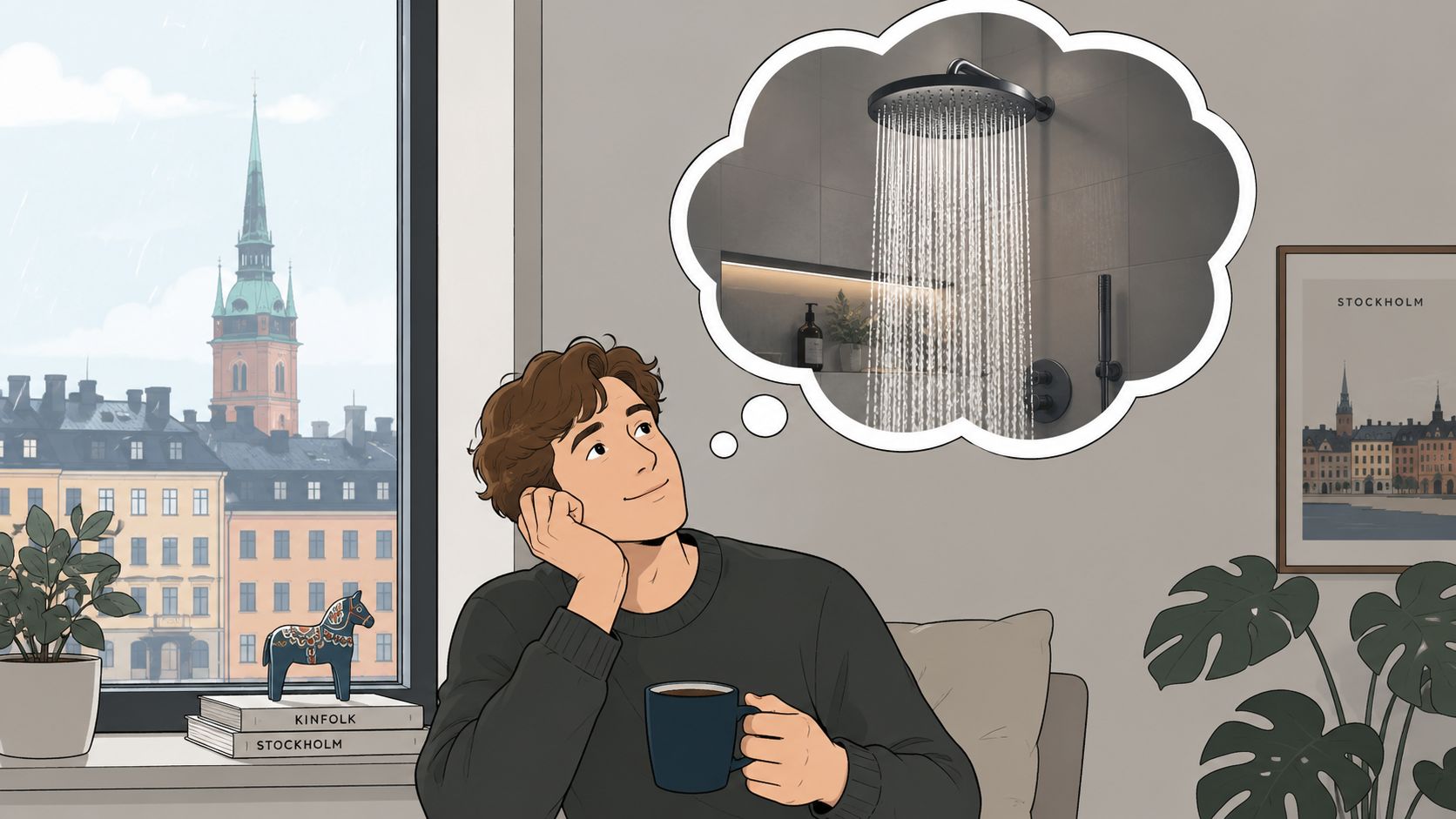 En man som sitter vid fönstret och dagdrömmer om en modern takdusch i en lägenhet i Stockholm.