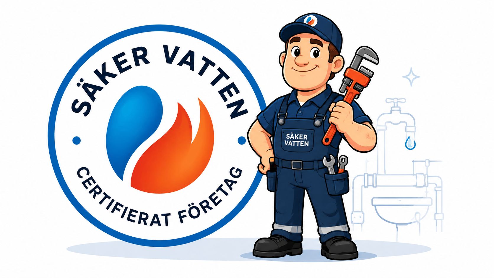 Säker Vatten certifierad rörmokare som står bredvid logotypen för att illustrera säker installation av vatten och avlopp.