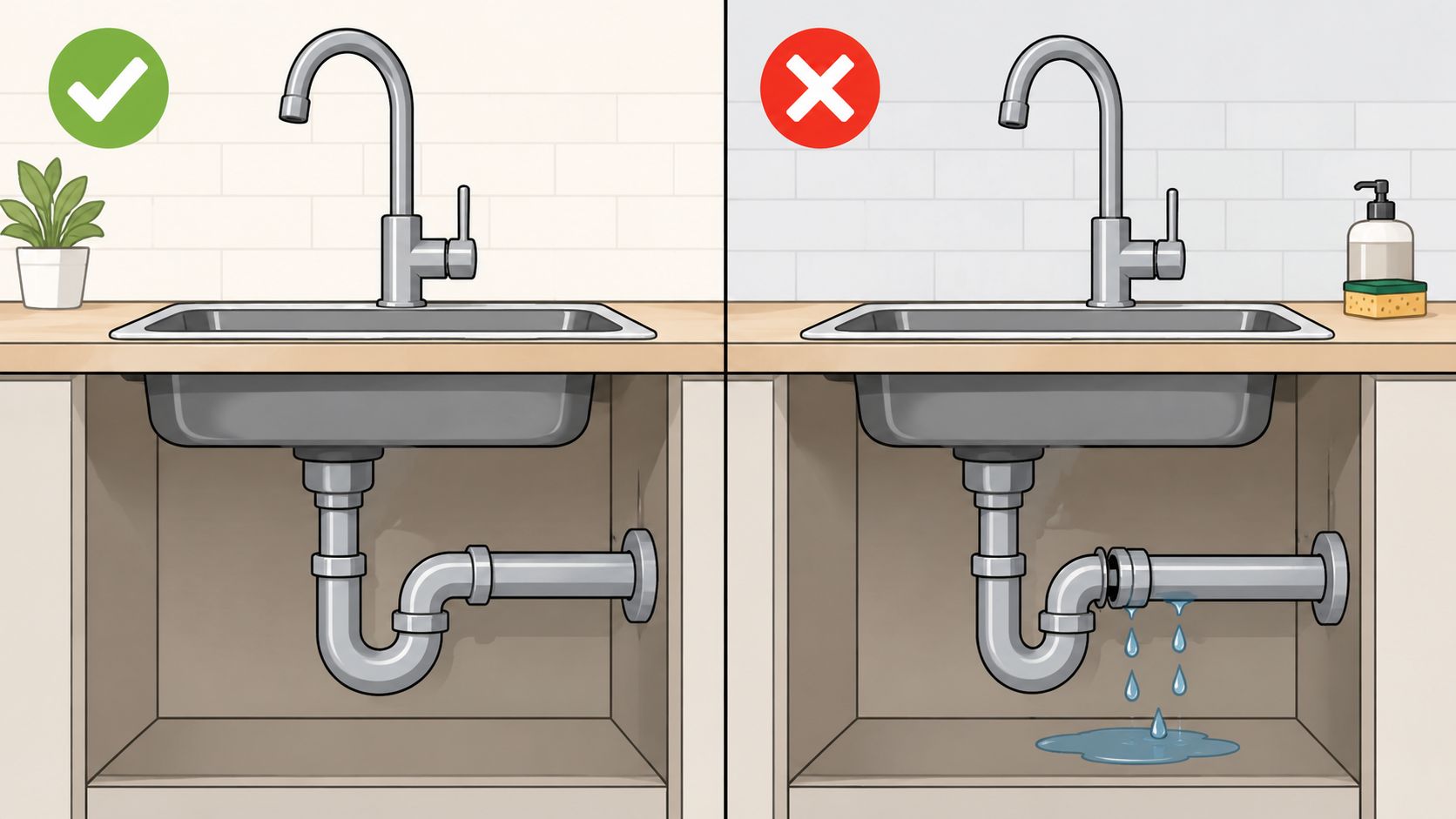 En illustration som visar skillnaden mellan en fungerande köksavlopp och ett läckande avlopp under en diskho.