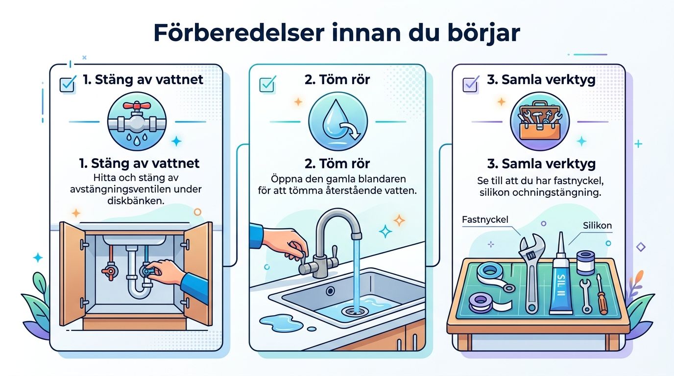 Illustration som visar tre viktiga förberedande steg innan du påbörjar byte av köksblandare i hemmet.