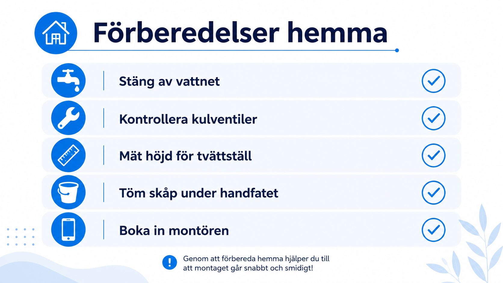 En checklista med instruktioner för hur du förbereder hemmet inför installation av ett nytt tvättställ.