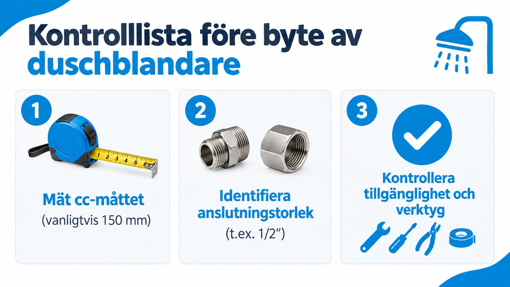 En checklista med tre steg för att förbereda byte av duschblandare, inklusive mätning och verktygskontroll.