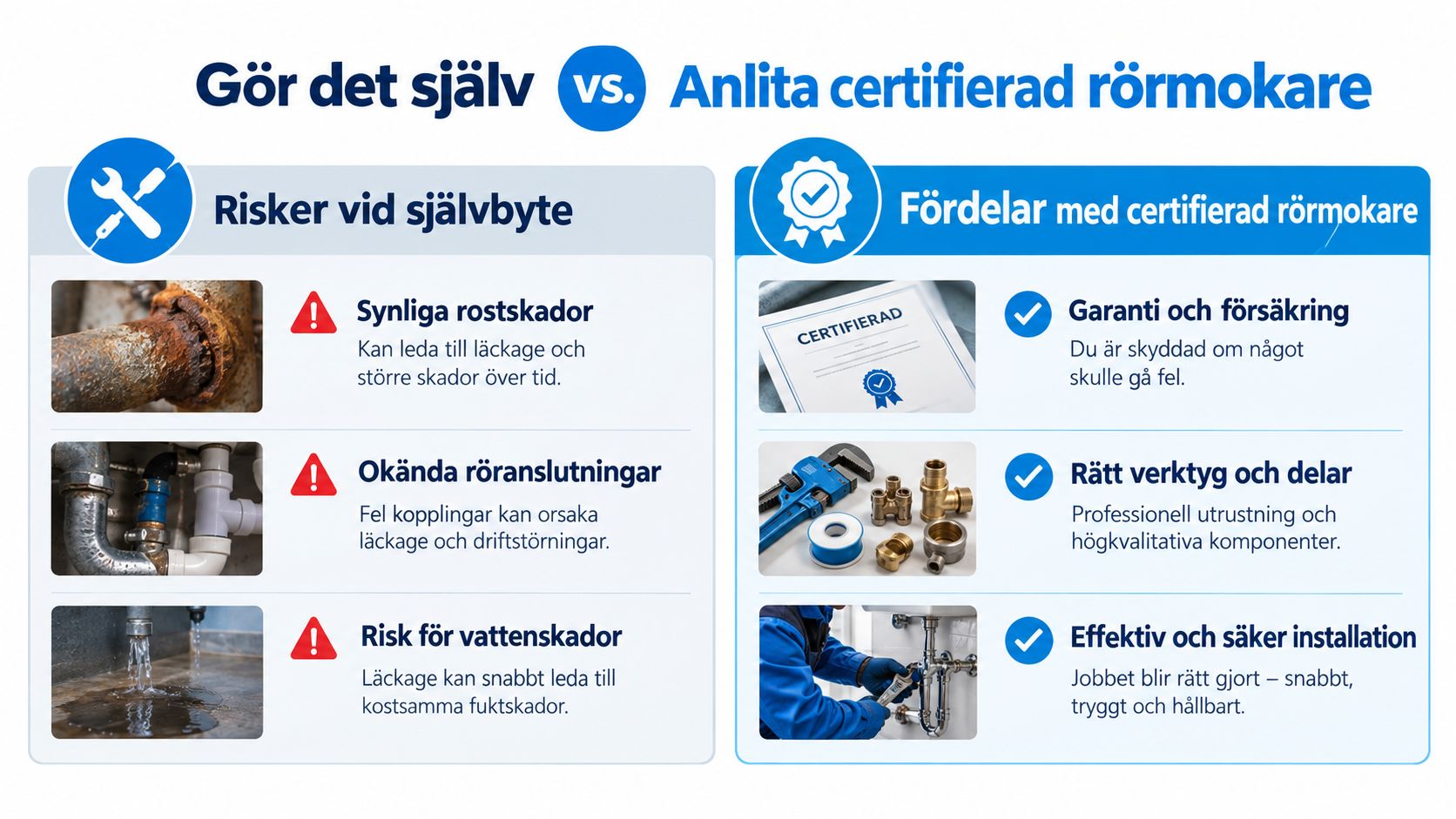 Jämförelse mellan att byta rör själv eller anlita en certifierad rörmokare för att undvika kostsamma vattenskador.