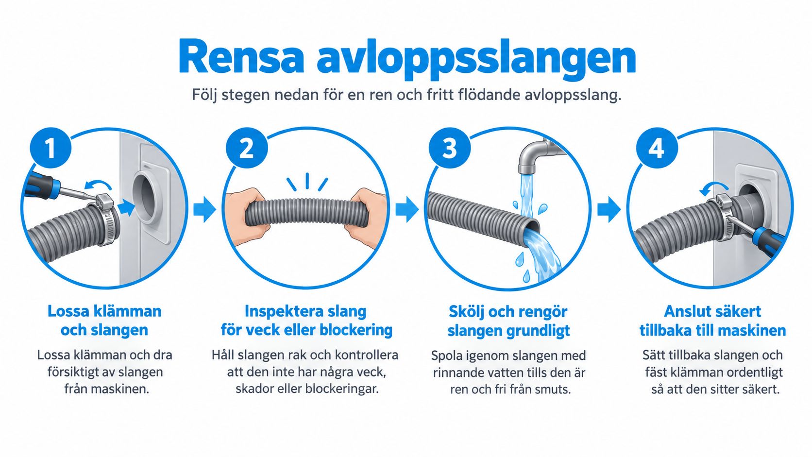 Illustration som visar de fyra stegen för hur man kopplar loss, rengör och återansluter en avloppsslang för tvättmaskin.