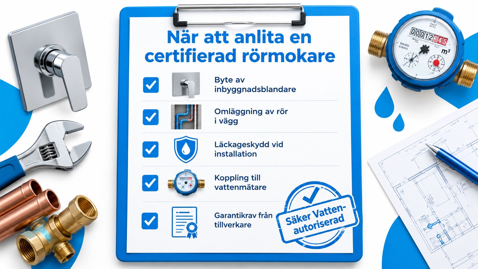 Checklista för när man bör anlita en certifierad rörmokare för installationer och underhåll av vattenledningar.
