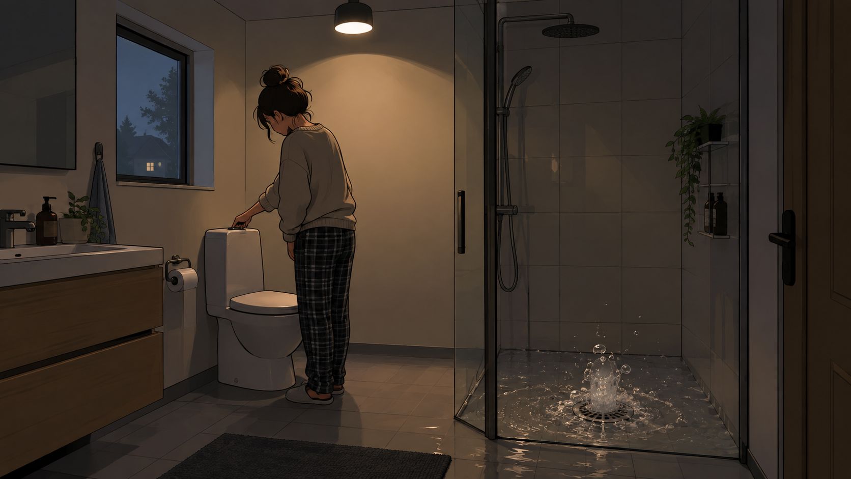 En kvinna trycker på toalettspolning i ett badrum medan duschens avlopp sprutar vatten uppåt på golvet.