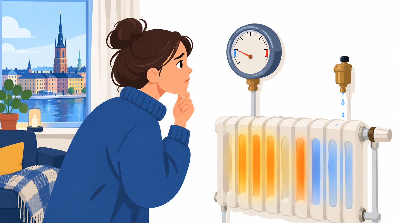 En kvinna tittar bekymrat på ett radiator-element som har tryckmätare och läcker vatten från en ventil.