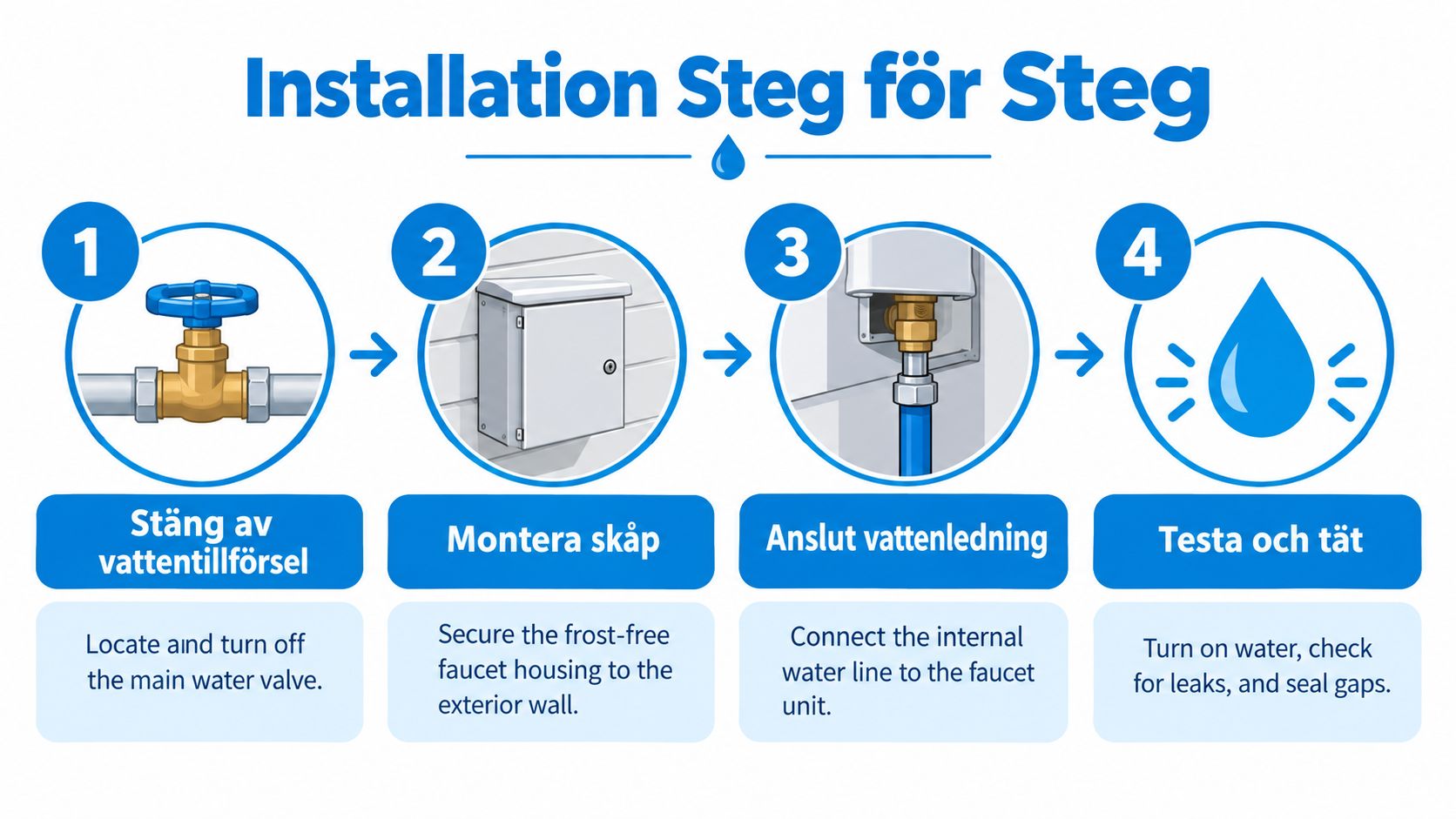 En guide i fyra enkla steg som visar hur man installerar en frostfri vattenutkastare på en vägg.