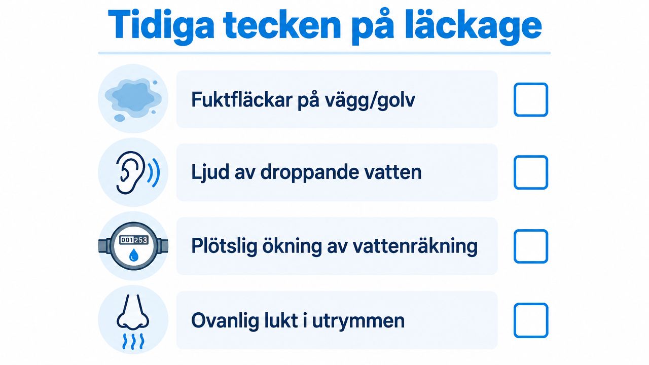 En infografik som visar fyra tidiga tecken på vattenläckage i hemmet med ikoner och förklarande text.