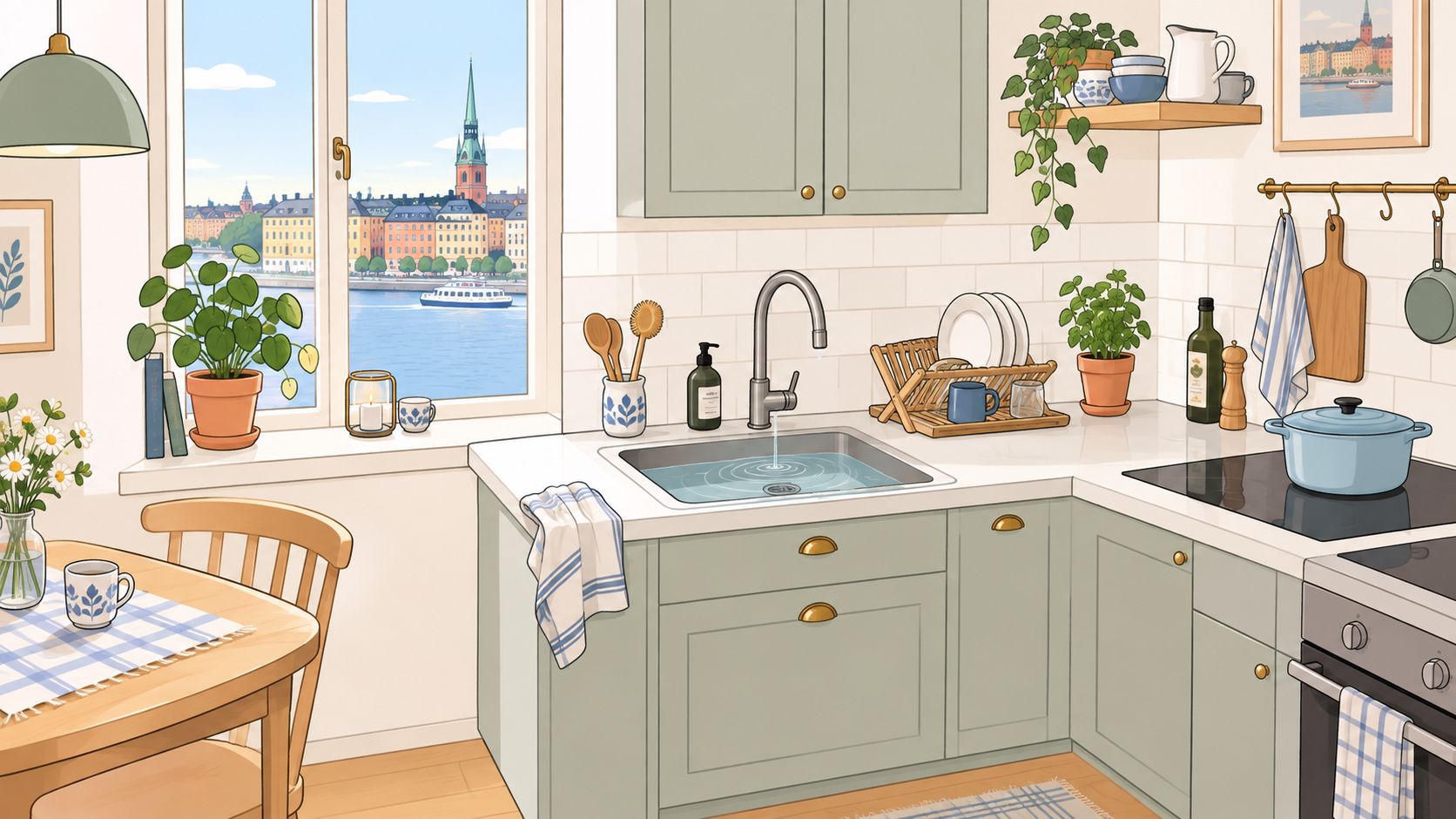 Ett ljust och trivsamt kök i skandinavisk stil med utsikt över vattnet och Stockholms stadsbild genom fönstret.