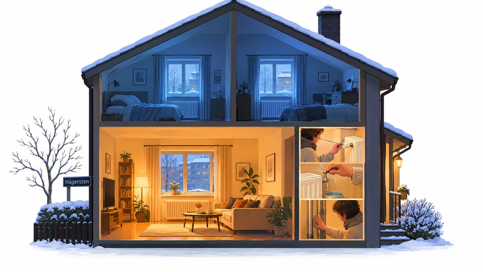 En illustration av ett hus i genomskärning som visar underhåll och luftning av element under vintern.