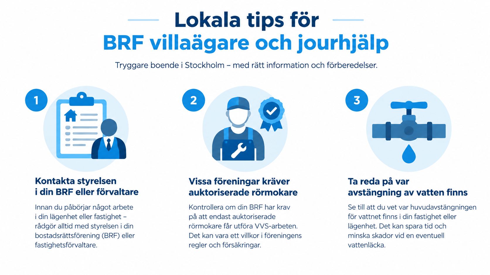 Tre lokala tips för boende i en bostadsrättsförening gällande renovering och akuta händelser i Stockholm.