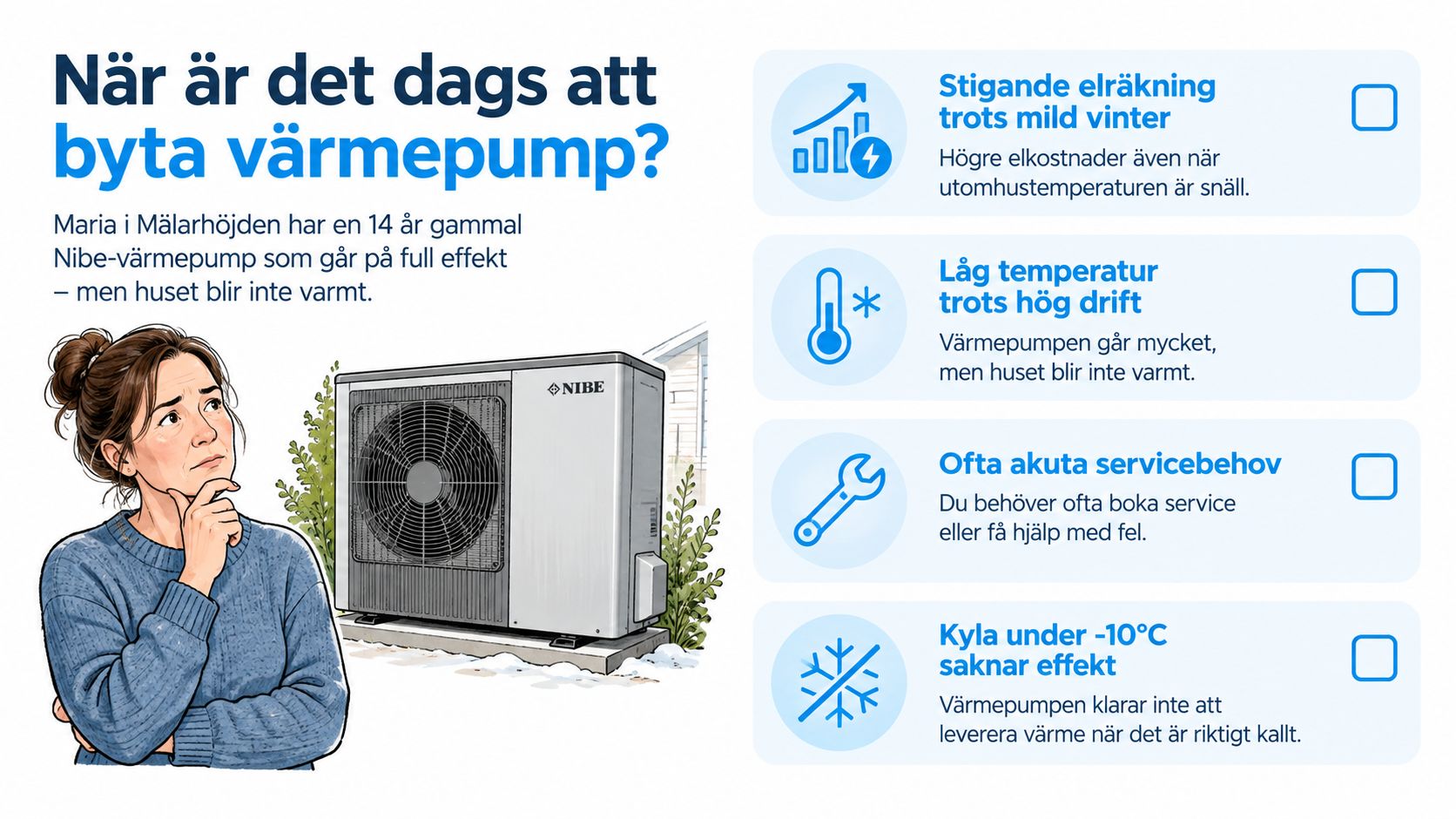 En kvinna som funderar på att byta ut sin gamla värmepump på grund av stigande kostnader och värmeproblem.