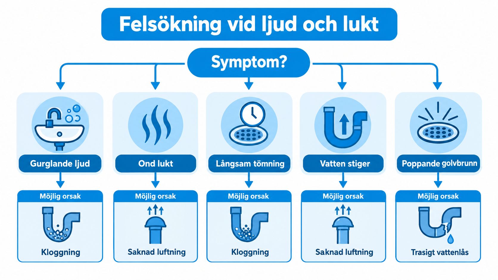 En infografik som visar felsökning vid ljud och lukt från avlopp med vanliga orsaker och symptom.