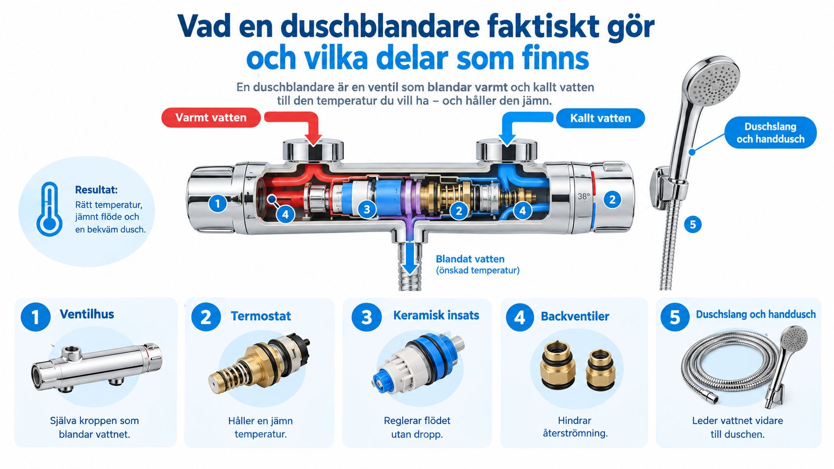 En detaljerad illustration som visar hur en duschblandare fungerar och vilka komponenter den består av.