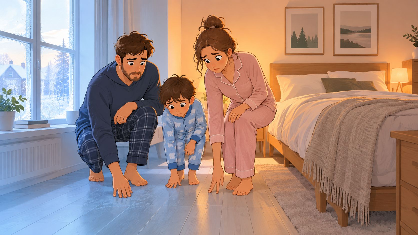En familj i pyjamas undersöker bekymrat ett problem på golvet i ett sovrum med snöigt fönster.