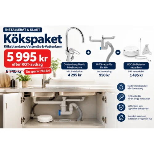 Kökspaket med Gustavsberg Nautic köksblandare, JAFO vattenlås och LK CubicDetector vattenlarm inklusive installation.