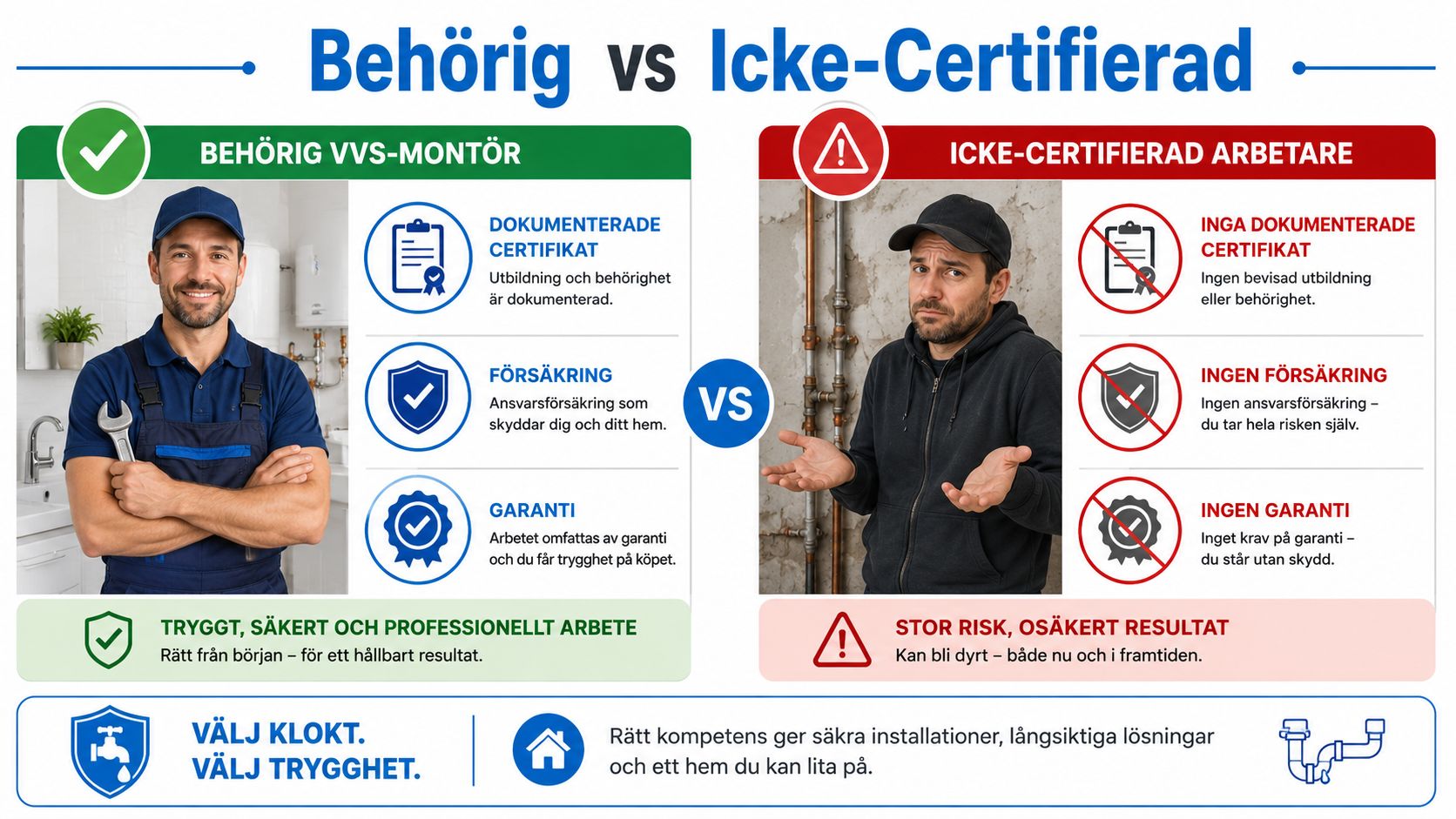 En infografik som jämför fördelarna med en behörig VVS-montör mot riskerna med en icke-certifierad arbetare.