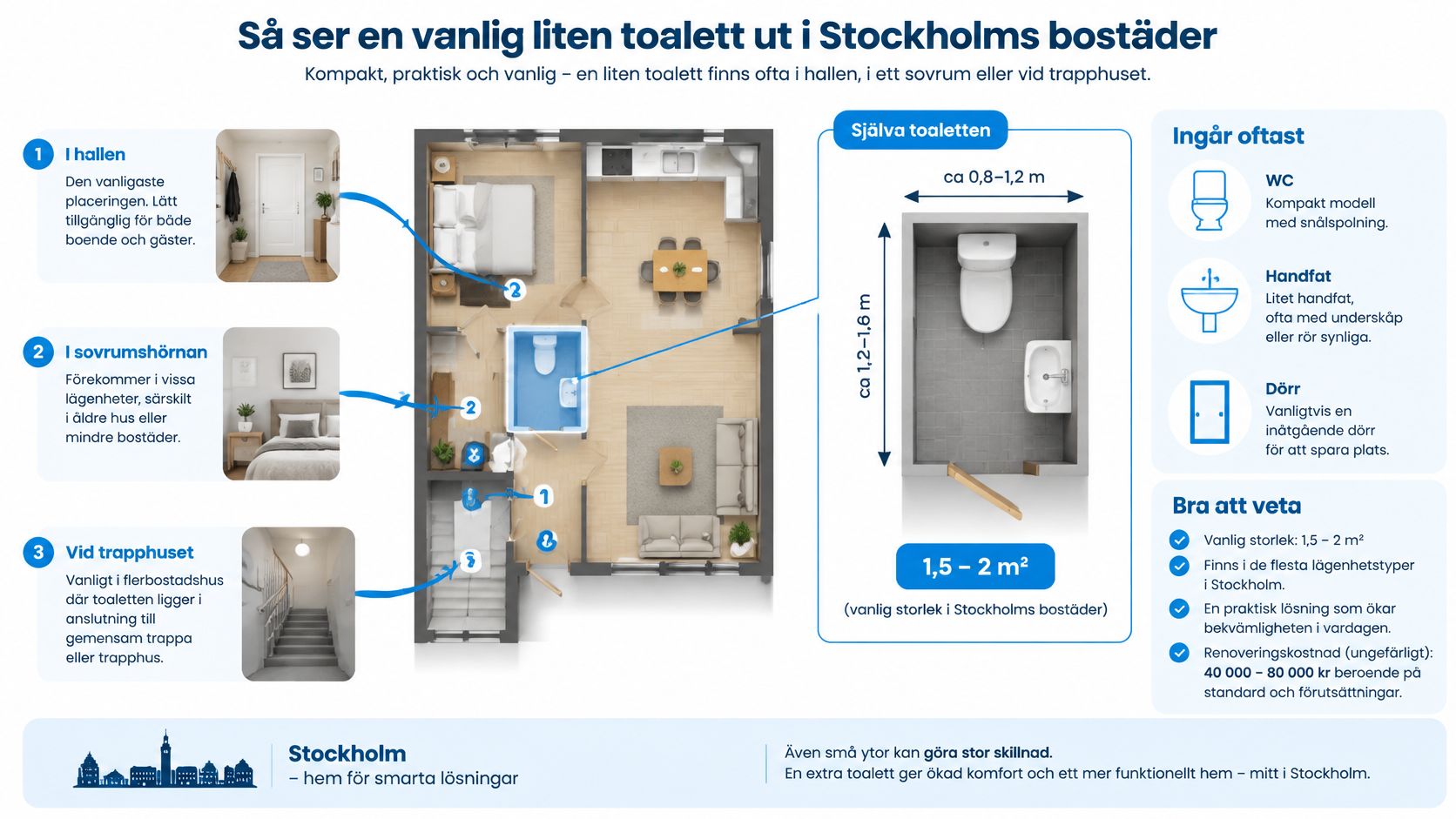 Illustration som visar hur små toaletter placeras i lägenheter och hus i Stockholm med måttangivelser.