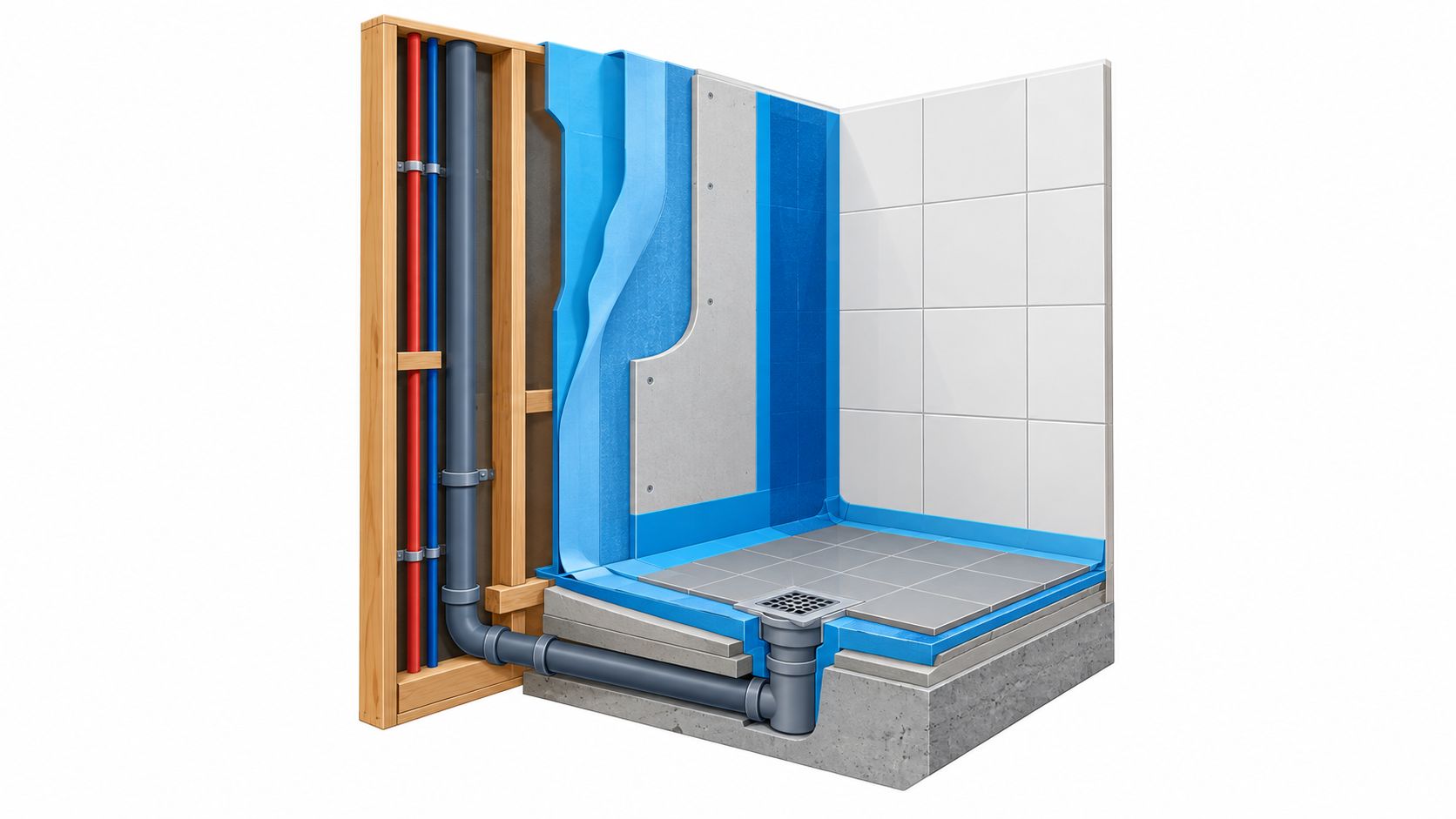 En detaljerad 3D-illustration av en duschkonstruktion med väggisolering, kakel och avloppssystem för badrumsrenovering och tätskikt.