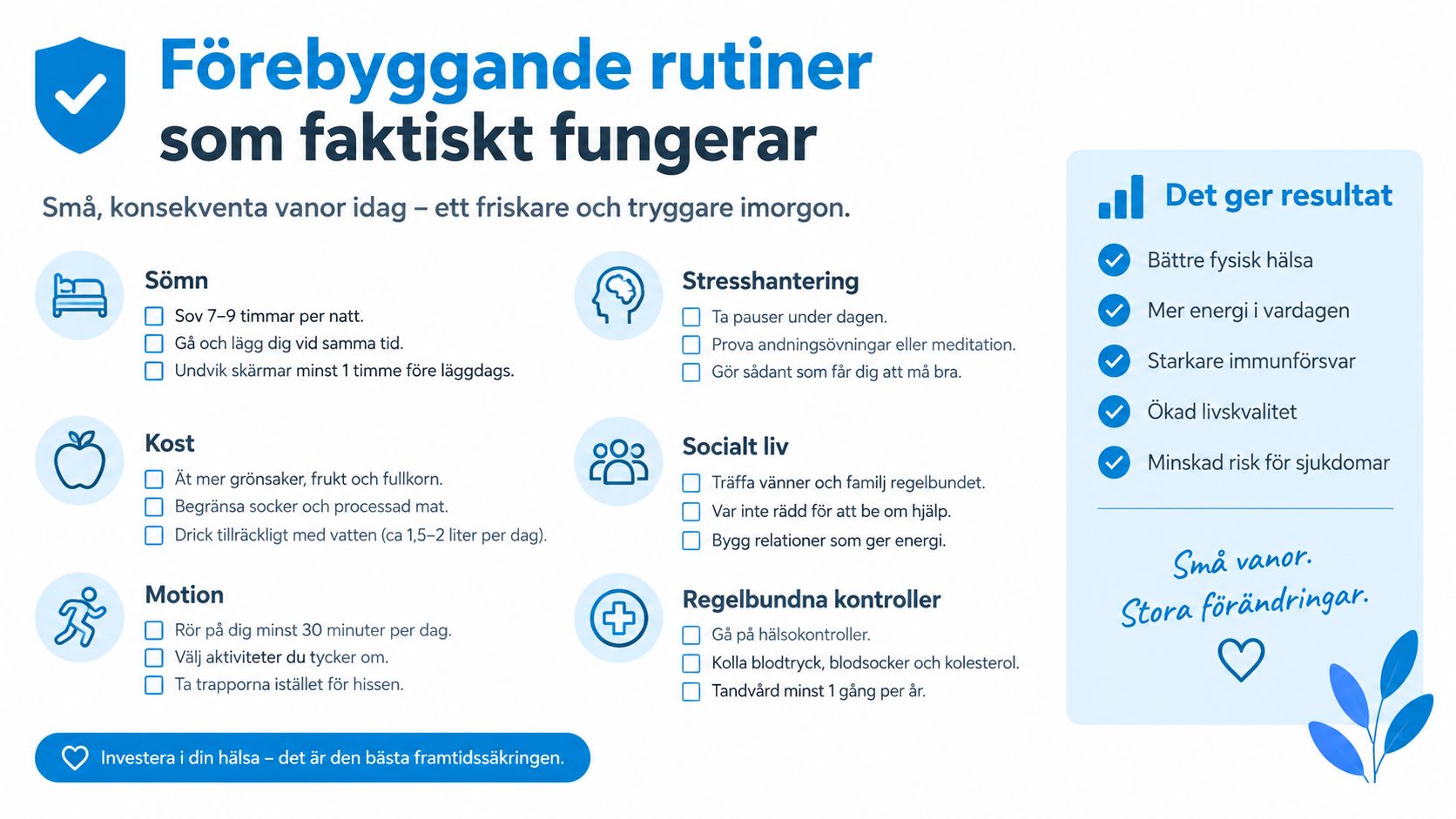 En infografik som visar tips på hälsosamma dagliga rutiner för sömn, kost, motion, stresshantering och socialt liv.