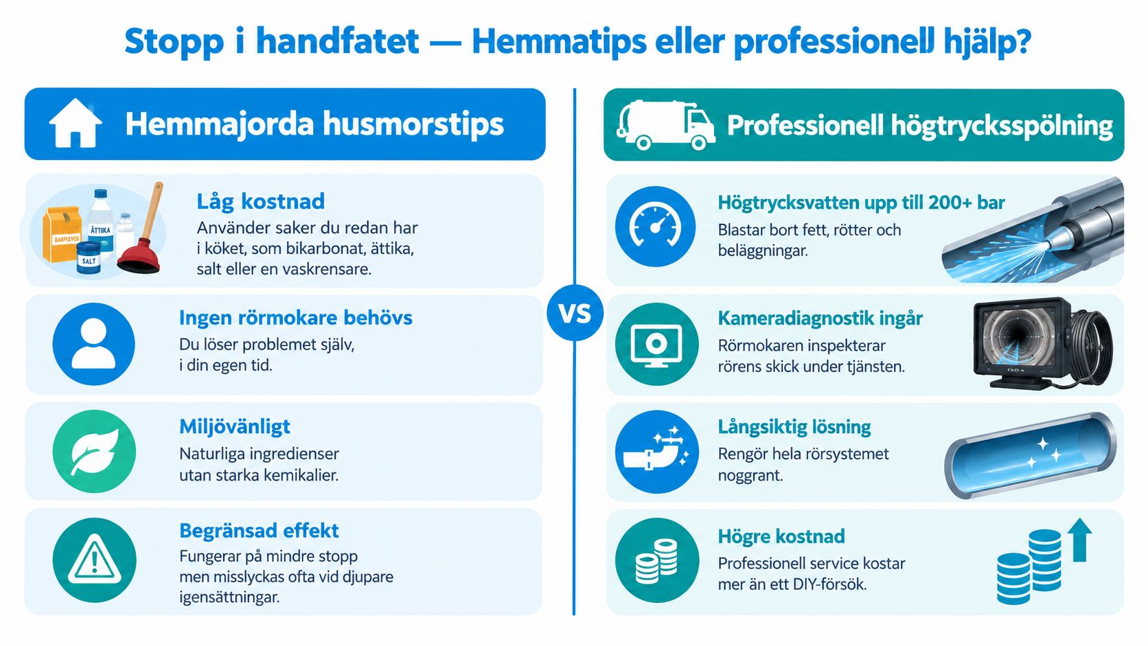 En jämförelseinfografik mellan hemmagjorda husmorstips och professionell högtrycksspolning för stopp i handfatet och avlopp.