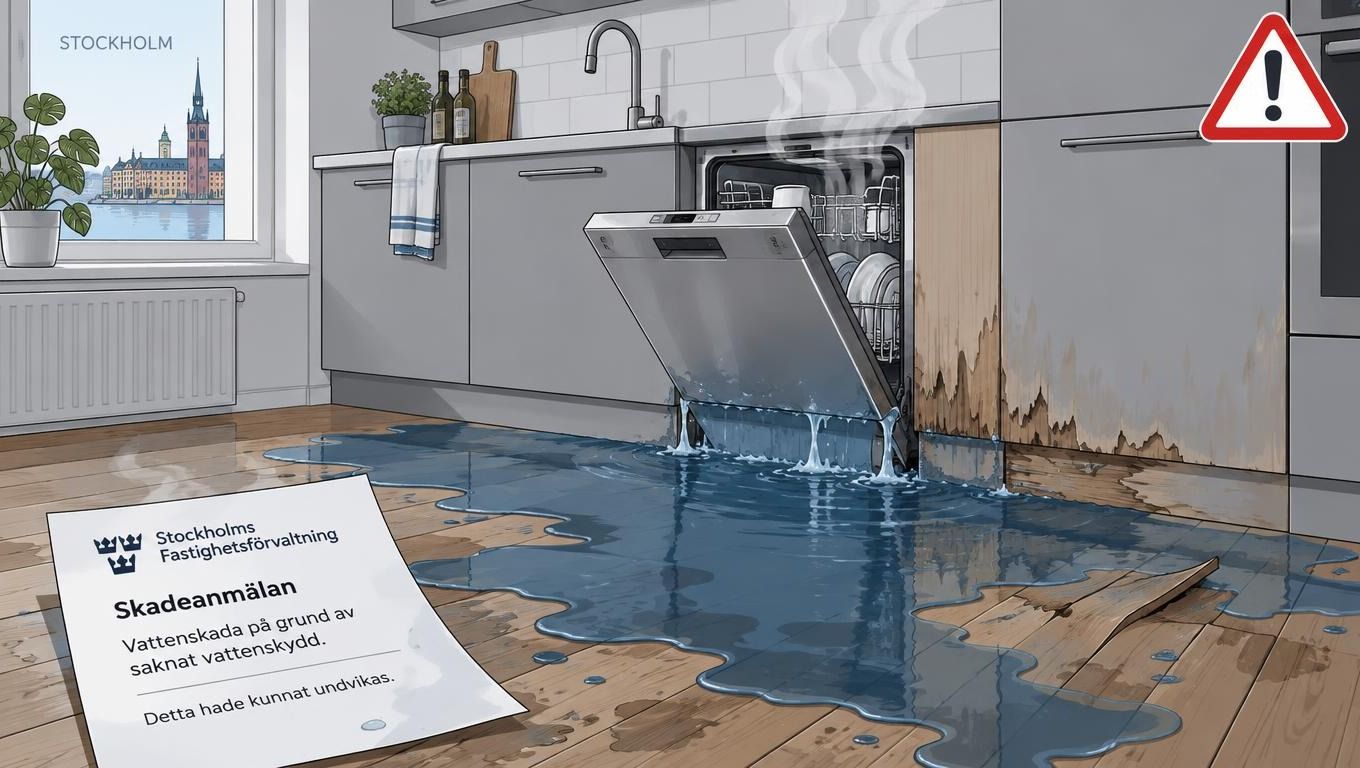 Illustration av vattenskada i ett kök orsakat av läckande diskmaskin utan korrekt vattenskydd installerat under maskinen.