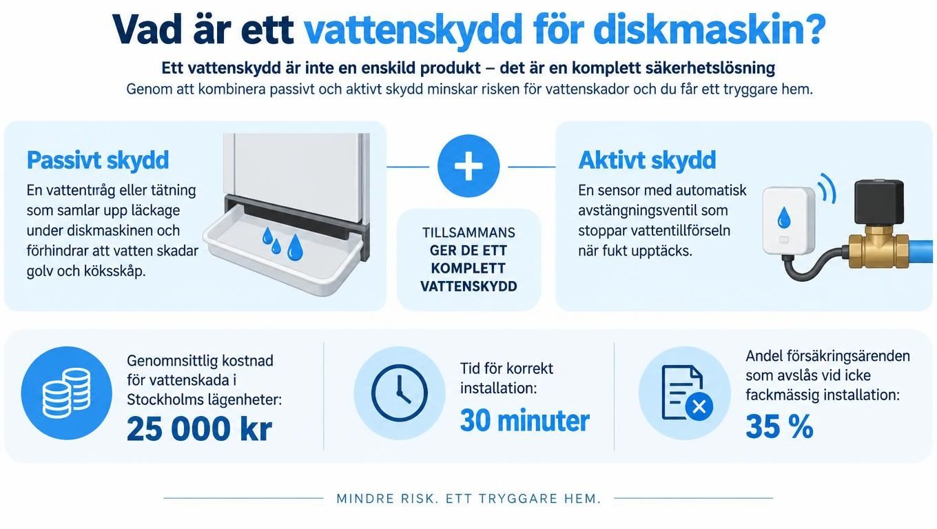 En grafisk guide som förklarar hur ett vattenskydd för diskmaskin fungerar med passiva och aktiva säkerhetskomponenter.