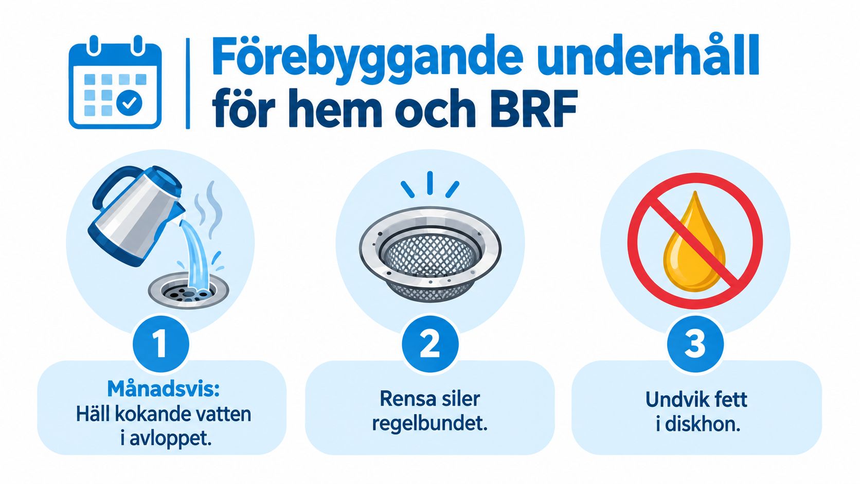 En infografik som visar tre tips för förebyggande avloppsunderhåll i hemmet och bostadsrättsföreningen.