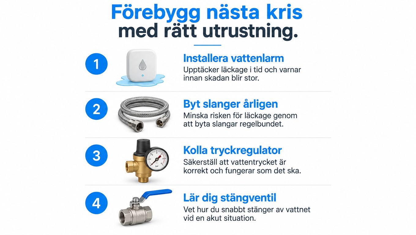 En checklista med fyra tips för att förebygga vattenskador i hemmet med hjälp av rätt utrustning.