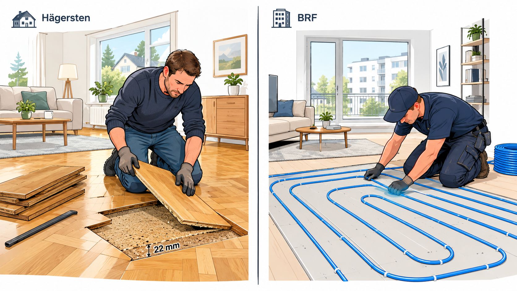 Illustration som visar installation av golvvärme på spånskiva i ett hus i Hägersten och en lägenhet.